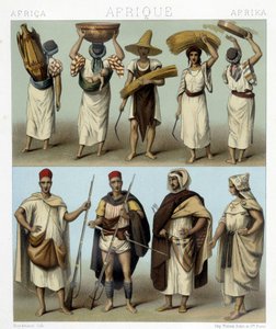 Stroje Algierii i Tunezji. Ilustracja w „Le costume historique” Racinet autorstwa Albert Charles August Racinet