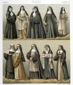 Stroje zakonnic we Francji w XVIII wieku. Ilustracja w „Le costume historique” autorstwa Racinet