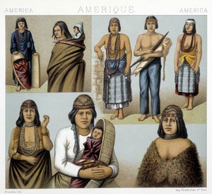 Stroje Indian kalifornijskich. Ilustracja w „Strój historyczny” Racinet autorstwa Albert Charles August Racinet