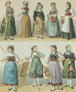 Costumes of the Cantons, ilustracja z The Complete Costume History autorstwa Racineta Auguste autorstwa Albert Charles August Racinet