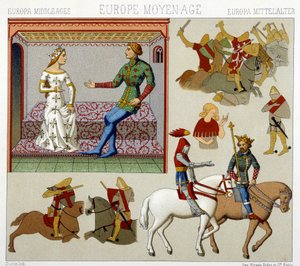 Stroje średniowiecza we Francji. Płyta chromolitograficzna - w „Le costume historique” Racinet autorstwa Albert Charles August Racinet