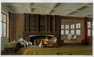 Angielski lord i jego rodzina w swoim XVII-wiecznym domu. Płyta chromolitograficzna - w „Le costume historique” Racinet autorstwa Albert Charles August Racinet
