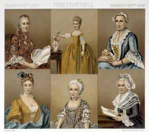 Francuska moda kobieca w XVIII wieku. Ilustracja w „Le costume historique” autorstwa Racinet autorstwa Albert Charles August Racinet