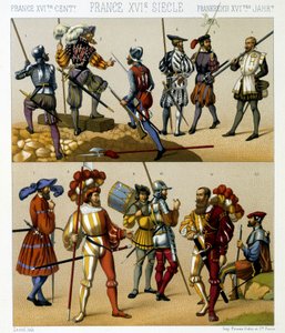 Francuskie stroje wojskowe w XVI wieku. Płyta chromolitograficzna - w „Le costume historique” Racinet autorstwa Albert Charles August Racinet