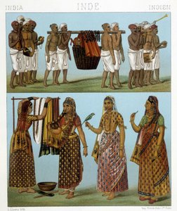 Pogrzeb (na górze zdjęcia) i pranie (na dole) w Indiach. Ilustracja w „Le costume historique” autorstwa Racinet autorstwa Albert Charles August Racinet