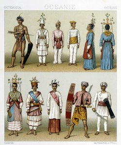Mieszkańcy wysp Celebes w Indonezji. Ilustracja w „Le costume historique” autorstwa Racinet autorstwa Albert Charles August Racinet