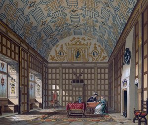 Wnętrze XVI-wiecznej angielskiej rezydencji, litografia autorstwa Gaularda z Le Costume historique (pełna historia kostiumów) autorstwa Albert Charles August Racinet