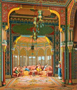 Wnętrze budynku tureckiego, ilustracja z pełnej historii kostiumów autorstwa Auguste Racinet autorstwa Albert Charles August Racinet