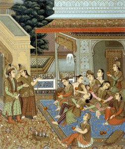 Wnętrze domu w Indiach z wieloma kobietami - w „Strój historyczny” autorstwa Racinet autorstwa Albert Charles August Racinet