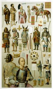 Japońskie stroje wojowników (samoura lub yakuza lub yakuza). Płyta chromolitograficzna - w „Le costume historique” Racinet autorstwa Albert Charles August Racinet