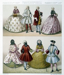 Mężczyźni i kobiety w modnych strojach z XVIII wieku we Francji. Ilustracja w „Le costume historique” autorstwa Racinet autorstwa Albert Charles August Racinet