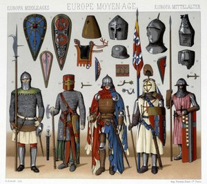 Stroje i hełmy wojskowe we Francji od XIII do XV wieku. Ilustracja w „Le costume historique” autorstwa Racinet autorstwa Albert Charles August Racinet
