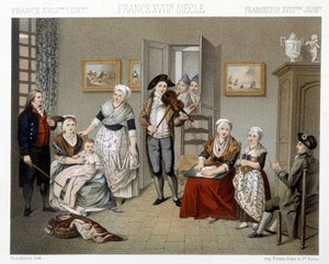 Muzycy grający swoją intruzję dla rodziny w domu. Ilustracja w „Le costume historique” autorstwa Racinet autorstwa Albert Charles August Racinet