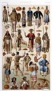Mieszkańcy Malezji i Polinezji (Oceania). Ilustracja w „Le costume historique” autorstwa Racinet autorstwa Albert Charles August Racinet