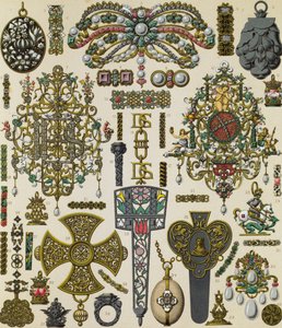 Biżuteria XVII-wieczna, litografia Schmidta opublikowana w Le costume historique, tom V autorstwa Albert Charles August Racinet