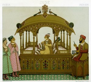 Tron cesarzy Mogołów. Płyta chromolitograficzna - w „Le costume historique” Racinet autorstwa Albert Charles August Racinet