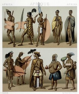 Tradycyjny strój Cafrerie (południowa część Afryki). Ilustracja w „Le costume historique” autorstwa Racinet autorstwa Albert Charles August Racinet