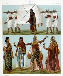 Transport i tradycyjne stroje kobiece. Ilustracja w „Le costume historique” autorstwa Racinet autorstwa Albert Charles August Racinet
