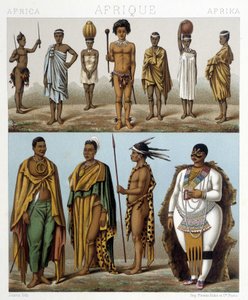 Różni mężczyźni z Afryki Południowej. Ilustracja w „Le costume historique” Racinet autorstwa Albert Charles August Racinet