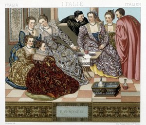 Stroje weneckie z XVII wieku. Ilustracja w „Strój historyczny” Racquet autorstwa Albert Charles August Racinet