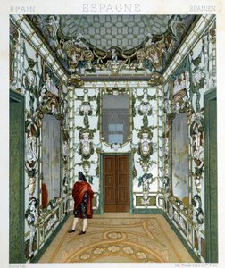 Widok człowieka wewnątrz Pałacu Królewskiego w Madrycie. Płyta chromolitograficzna - w „Le costume historique” Racinet autorstwa Albert Charles August Racinet