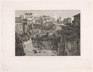 Widok na Tivoli, ze świątynią Westy w oddali Situazione del Tempio di Vesta a Tivoli dirimpetto la Cascata (tytuł obiektu) Malajski Radirte Prospekte aus Italien (tytuł serii)