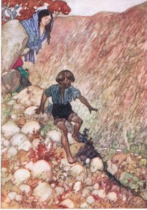 Zszedł jak dzielny mały człowieczek, z publikacji The Water Babies, Humphrey Milford Oxford University Press, ok. 1930 r. (litografia kolorowa) autorstwa Albert Edward Jackson