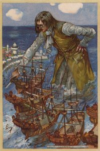 Guliwer zdobywa flotę Blefuskudów (chromolitho)