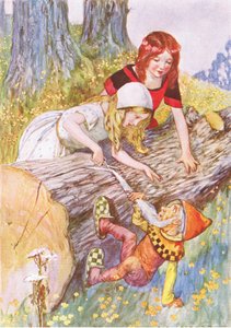 Bardzo starannie obcięła miękką białą brodę (z opowiadania Królewna Śnieżka i Różyczka), ilustracja z A Staircase of Stories wydana przez Thomas Nelson & Sons Ltd 1940 (litografia kolorowa)