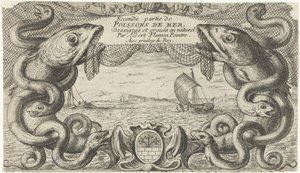Pejzaż morski z obramowaniem stworzeń morskich i siecią rybacką Ryby i inne morskie stworzenia - druga seria słonowodnych (tytuł serii) Poissons de mer (tytuł serii na obiekcie) autorstwa Albert Flamen