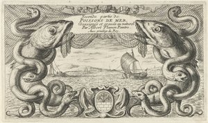 Pejzaż morski z obramowaniem stworzeń morskich i siecią rybacką Ryby i inne morskie stworzenia - druga seria słonowodnych (tytuł serii) Poissons de mer (tytuł serii na obiekcie) autorstwa Albert Flamen