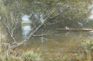 A Thames Backwater, c.1860-c.1932 (akwarela, farba do ciała, długopis i atrament na papierze) autorstwa Albert Goodwin