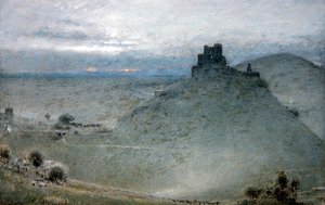 Corfe Castle (pióro i tusz z akwarelą i farbą do ciała na papierze) autorstwa Albert Goodwin