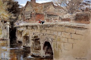 Crane Bridge, Salisbury (pióro i tusz z akwarelą i farbą do ciała na barwionym papierze) autorstwa Albert Goodwin