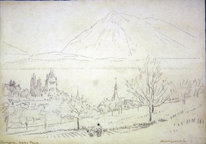 Jezioro Thun, Oberhofen (tusz i ołówek na papierze) autorstwa Albert Goodwin