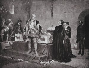 Książę Karol obrażający zwłoki swojego wroga Fleminga (litografia) autorstwa Albert Gustaf Aristides (after) Edelfelt