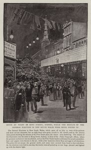 Scena nocą na King Street w Sydney, podczas wywieszania wyników wyborów powszechnych w Nowej Południowej Walii autorstwa Albert Henry Fullwood