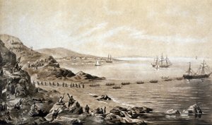 instalacja pierwszego transatlantyckiego kabla telegraficznego między Irlandią a Kanadą (1857) rycina Alberta Krugera ok. 1870 r. autorstwa Albert Kruger