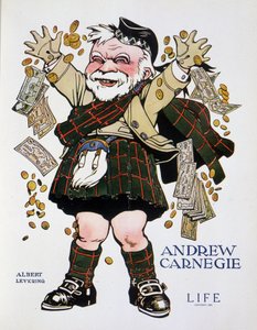 Portret szarży Andrew Carnegie w garniturze w kratę i rzucający pieniędzmi - Albert Levering (1869-1929), w „Życiu” z 13.04.1905 autorstwa Albert Levering