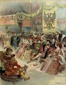 Bal na dworze króla Francji Francois I (1494-1547), w obecności Karola V (1500-1558), króla Hiszpanii i cesarza germańskiego Świętego Cesarstwa Rzymskiego, w zamku Fontainebleau, w 1539 roku. Ilustracja autorstwa Albert Robida