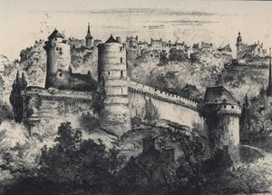 Chateau de Fougeres - fort zamkowy w departamencie Ille-et-Vilaine. Stara Francja - Bretania - tekst, rysunki i litografie, Albert Robida (1848-1926) niedatowany koniec XIX wieku autorstwa Albert Robida