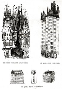 Krytyka brzydoty nowoczesnego budownictwa w Paryżu z architekturą przeszłości, teraźniejszości i przyszłości autorstwa Albert Robida