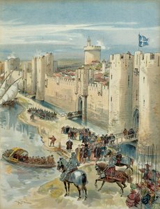 Ósma wojna włoska (1536-1538): wywiad z Aigues Mortes (lub treve z Aigues Mortes) 14 lipca 1538, spotkanie Franciszka I (1494-1547), króla Francji i Karola V (1500-1558), króla Hiszpanii i Cesarz Świętego Cesarstwa Rzymskiego Germański. Ilustracja autorstwa Albert Robida