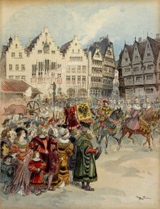 Wybór Karola V (1500-1558) na cesarza Niemiec w dniu 28 czerwca 1519 r. Ulicami Frankfurtu (Niemcy) przebiega orszak siedmiu elektorów. Ilustracja autorstwa Albert Robida