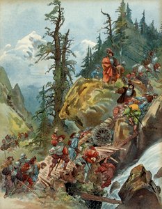 Piąta wojna włoska (1515-1516): przeprawa przez Alpy w sierpniu 1515 przez przełęcz Larche armii Franciszka I (1494-1547), w drodze do Włoch. Ilustracja autorstwa Albert Robida