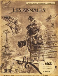 Pierwsza publikacja proroczej powieści antycypacyjnej „En 1965” Alberta Robidy (1848-1926) w 1919 roku w czasopiśmie „Annales Politiques et Litteraires” – Paryż cierpi z powodu korków… na niebie! Samoloty samolatające (samoloty) i taksówki (samolot autorstwa Albert Robida