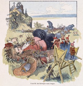 Guliwer związany przez Lilliputów - w „Podróżach Guliwera” Swifta, il. przez Robida autorstwa Albert Robida