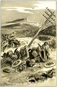 Ilustracja Alberta Robidy (1848-1926) do książki Leona Berthaulta „Le record du tour du monde”, wydanie Mame z początku XX wieku (1911) - wypadek komunikacyjny około 1900 roku: uderzenie samochodu w słup linii telegraficznej. Wyrzuca pasażerów, którzy są r autorstwa Albert Robida