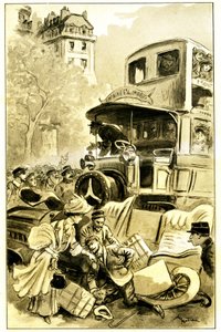 Ilustracja Alberta Robidy (1848-1926) do książki Leona Berthaulta „Le record du tour du monde”, wydanie Mame debiut XX w. (1911) - wypadek komunikacyjny w Paryżu około 1900 r.: uderzenie samochodu przez omnibus. Kierowca jest ranny – autorstwa Albert Robida