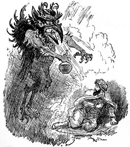 Ilustracja Alberta Robidy (1848-1926) do arabskiej legendy (1001 nocy) (Opowieści z tysiąca i jednej nocy): straszny demon (zły dżin) wręcza mężczyźnie butelkę wina. rycina książki „Choix de wykłady”” Armand Colin 1926. autorstwa Albert Robida